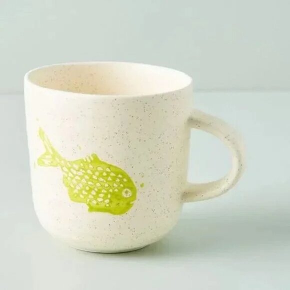 Anthropologie Set of 4 Ivory Beige Speckled Green Tetra Fish Ceramic Mugs - Picture 3 of 7